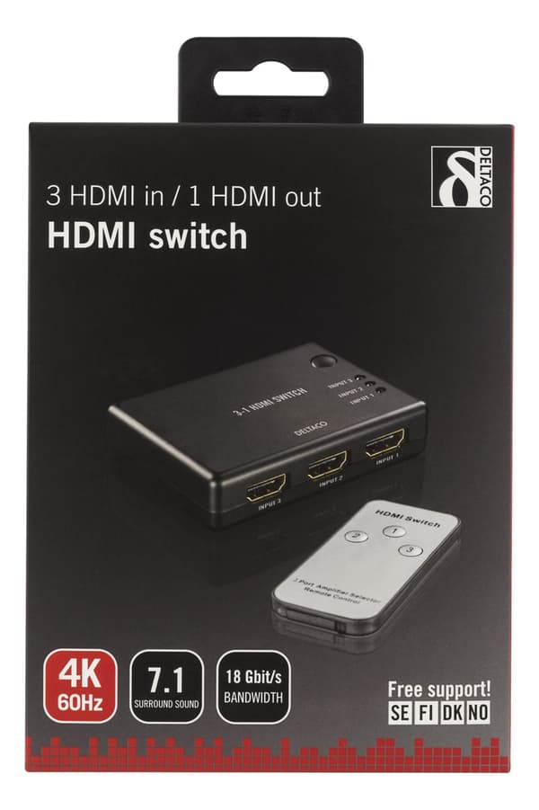 HDMI Switch, 3 inputs to 1 output, sup 4K in 60Hz, 7.1, blac