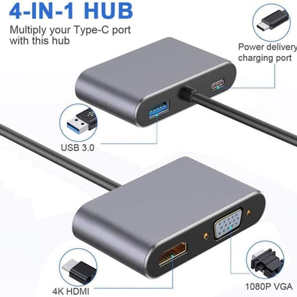 Adapter 4-i-1 USB-C till HDMI VGA 4K, PD - Silver