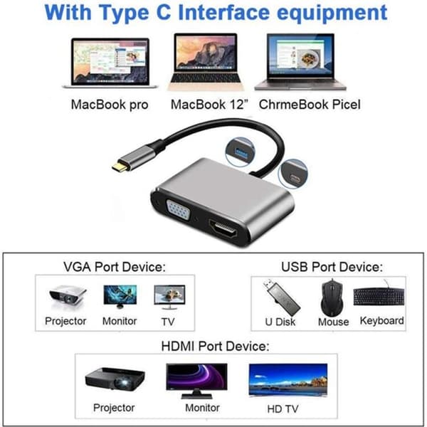 Adapter 4-i-1 USB-C till HDMI VGA 4K, PD - Silver