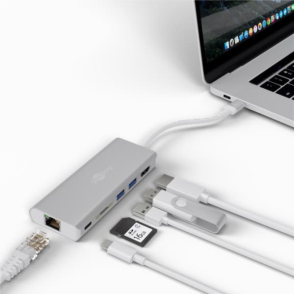USB-C™ multiport-adapter til HDMI™ 4K @ 30 Hz, USB, cardreader, RJ45, PD, aluminium, sølv