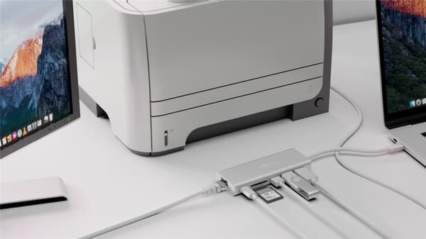 USB-C™ multiport-adapter til HDMI™ 4K @ 30 Hz, USB, cardreader, RJ45, PD, aluminium, sølv