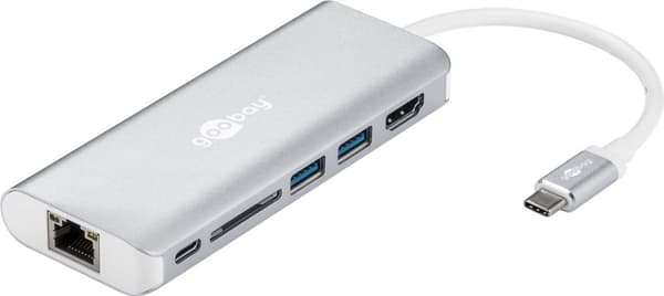 USB-C™ multiport-adapter til HDMI™ 4K @ 30 Hz, USB, cardreader, RJ45, PD, aluminium, sølv
