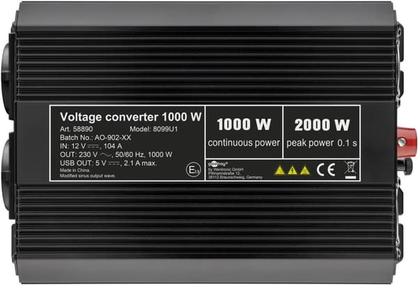 Spänningsomvandlare DC/AC (12 V - 230 V/1000 W)