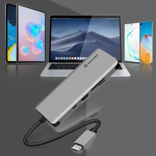 8in1 USB-C Hub 3x USB 1x USB-C 1x HDMI 1x Ethernet 1 SD Micro-SD-ingång Swissten Grey