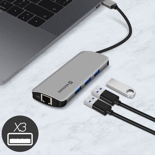 8in1 USB-C Hub 3x USB 1x USB-C 1x HDMI 1x Ethernet 1 SD Micro-SD-ingång Swissten Grey