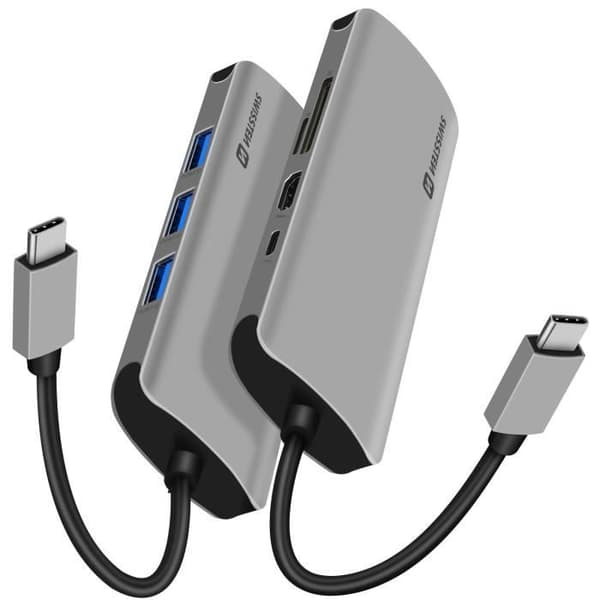 8in1 USB-C Hub 3x USB 1x USB-C 1x HDMI 1x Ethernet 1 SD Micro-SD-ingång Swissten Grey