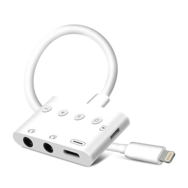 Adaptator - Vit - Lightning till Lightning, USB-C och Jack 3.5mm - 12 cm - Samtidig laddning och audio