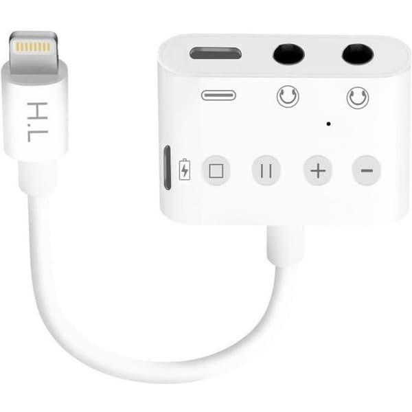 Adaptator - Vit - Lightning till Lightning, USB-C och Jack 3.5mm - 12 cm - Samtidig laddning och audio