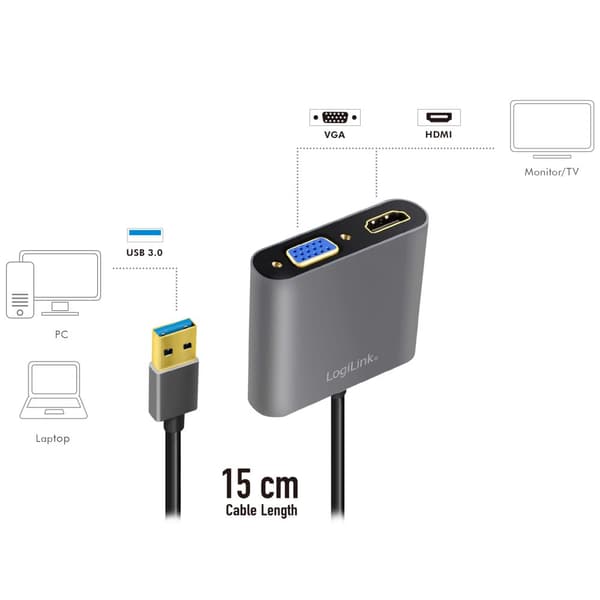 LogiLink USB-A 3.0 -> HDMI-Hona + VGA-Hona Adapter