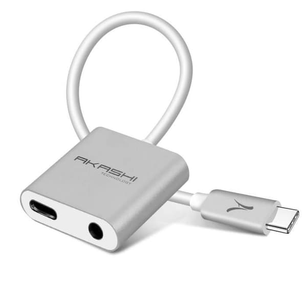 Adapter USB-C Ljud och ladda till USB-C / Jack 3,5 mm hona Akashi Silver Grey