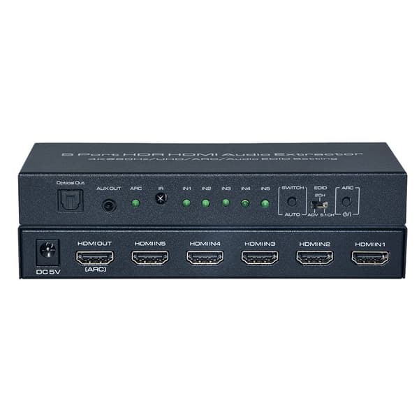INF HDMI-bryter 5x, 4K@60Hz med ARC-lydekstrakter HDMI 2.0 HDR og fjernkontroll Sort