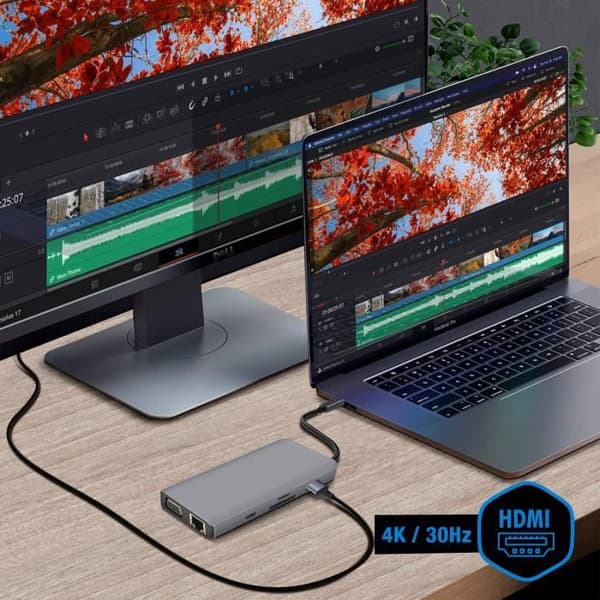 USB-C-hubb - Akashi - 9 i 1 - 3x USB - 1x HDMI - 1x VGA - 1x Ethernet - Grå
