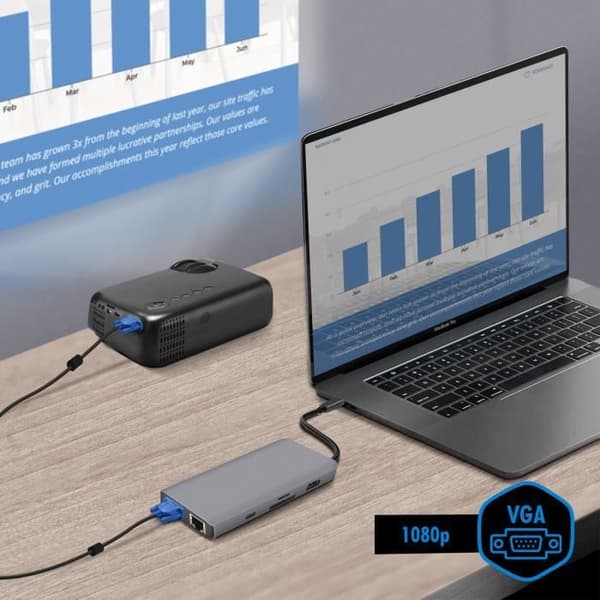 USB-C-hubb - Akashi - 9 i 1 - 3x USB - 1x HDMI - 1x VGA - 1x Ethernet - Grå