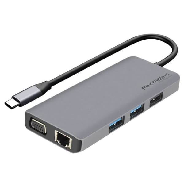 USB-C-hubb - Akashi - 9 i 1 - 3x USB - 1x HDMI - 1x VGA - 1x Ethernet - Grå