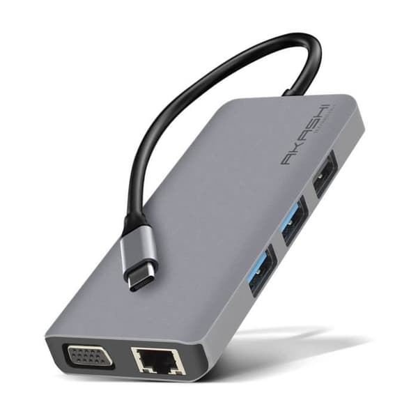 USB-C-hubb - Akashi - 9 i 1 - 3x USB - 1x HDMI - 1x VGA - 1x Ethernet - Grå