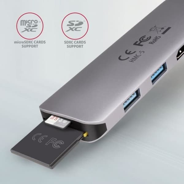 AXAGON USB-C Hub HMC-5, 2 x USB-A, HDMI, 2 x USB-C 3.2 Gen 1, 1 x SD, 1 x microSD, silver - 8595247906175