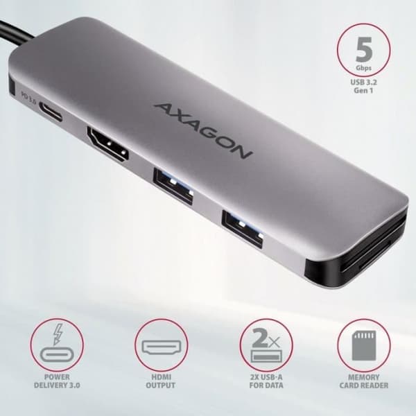 AXAGON USB-C Hub HMC-5, 2 x USB-A, HDMI, 2 x USB-C 3.2 Gen 1, 1 x SD, 1 x microSD, silver - 8595247906175