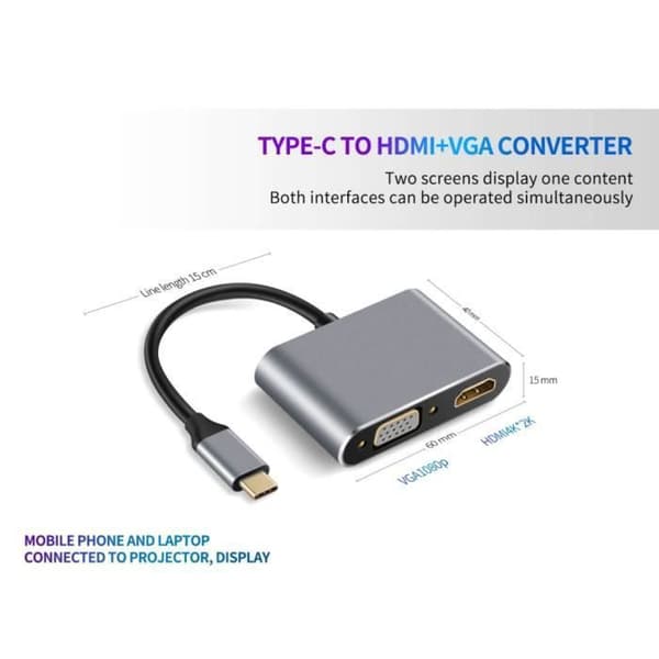 Typ C till VGA + HDMI+USB3.0+PD100W Laddning 4 i 1-adapter - Samma skärmar - Grå