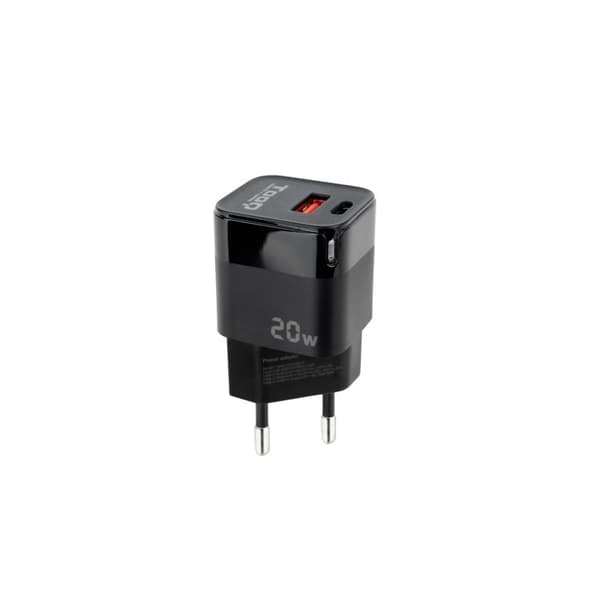 TOOQ TQWC-QCPD20 - USB-C multiport väggladdare med PD och USB-A med QC 20W, kompatibel med Huawei, Xiaomi och mer, svart Svart