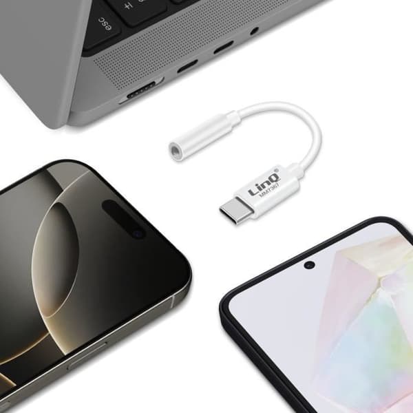 USB C till 3,5 mm-jack Ljudadapter LinQ Röststyrning kompatibel Vit