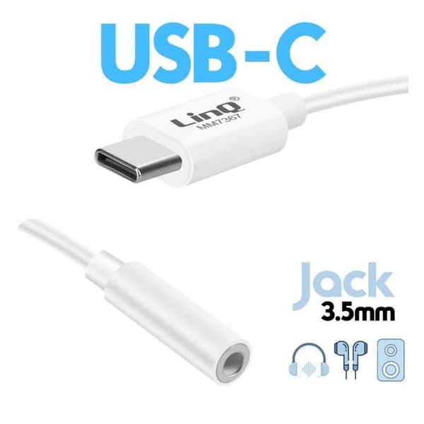 USB C till 3,5 mm-jack Ljudadapter LinQ Röststyrning kompatibel Vit