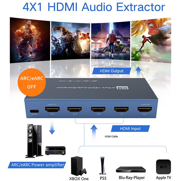 INF 8K HDMI 2.1 Switch 4 in 1 Out med Audio Extractor