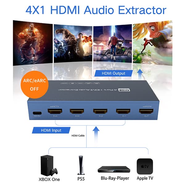 INF 8K HDMI 2.1 Switch 4 in 1 Out med Audio Extractor