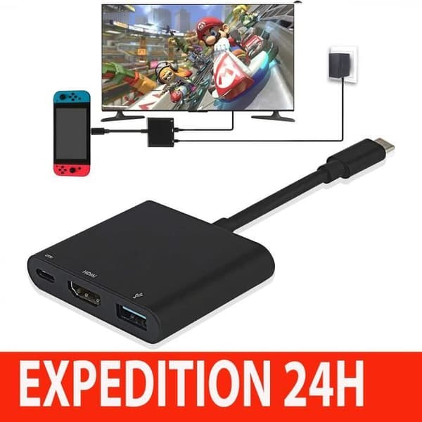 HDMI-adapter 4K 1080 för Switch, 3 i 1 Multiport USB 3.0 PD Laddare TV Dock, USB Typ C Konverteringskabel för Switch/Serie