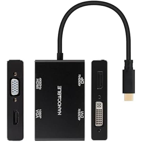 NANOCABLE 10.16.4307 - USB-C hane till HDMI + DVI + DisplayPort + VGA-omvandlare, svart färg, 10 cm