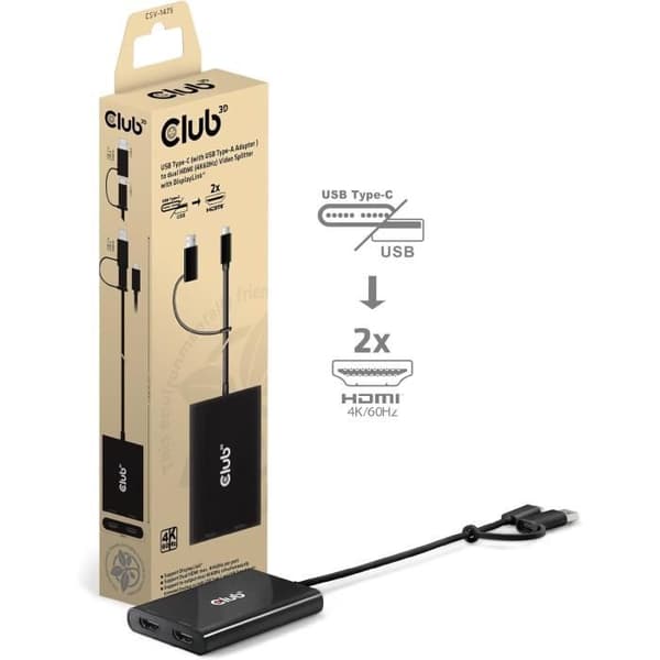 Video splitter Club 3D CSV-1475 USB Type-C med USB Type-A till dubbel HDMI 4K60Hz med DisplayLink