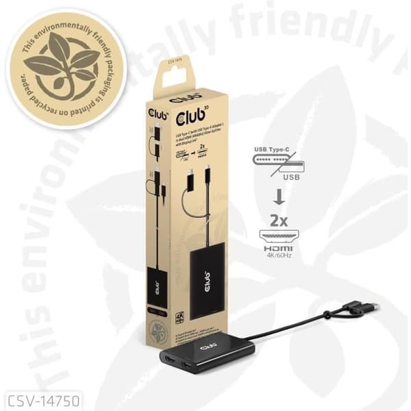 Video splitter Club 3D CSV-1475 USB Type-C med USB Type-A till dubbel HDMI 4K60Hz med DisplayLink