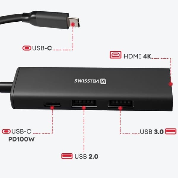 USB C-hub 4 i 1 till HDMI 4K USB C Laddning 100W och USB Swissten Svart