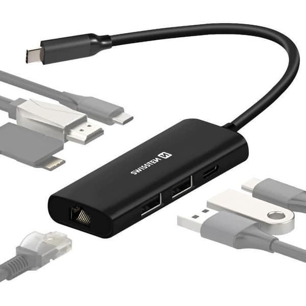 USB-C-hubb till Ethernet + HDMI + USB-C 100W + USB + Kortläsare Swissten Svart