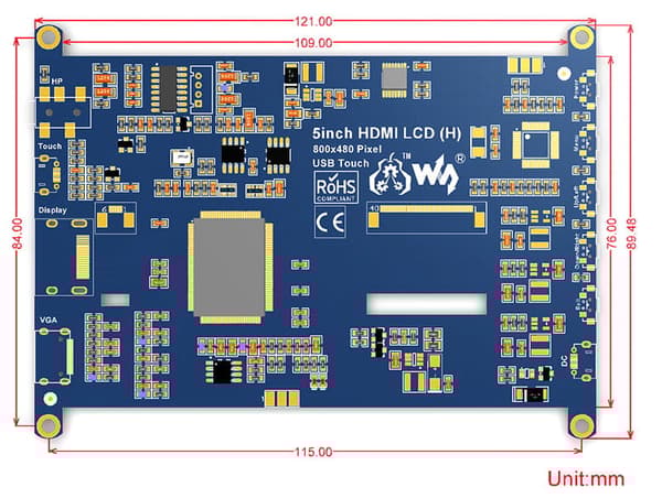Skärm för Raspberry Pi 5"" 800x480 med kapacitiv pekskärm