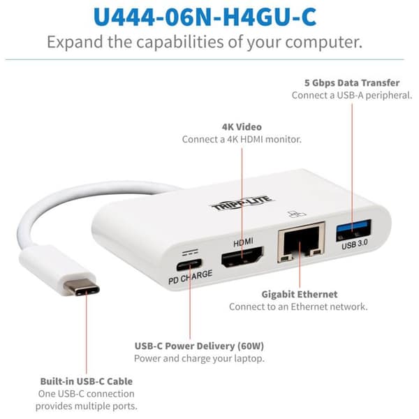 USB-C-adapter - Tripp Lite - U444-06N-H4GU-C - HDMI 4K - USB-A - Gigabit Ethernet Vit