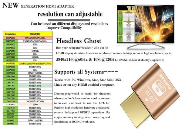 Ljud - videoadapter Fueran HDMI Dummy Plug Headless Ghost Display Emulator DDC EDID Emulator Fake Display 4K60Hz-1Pack
