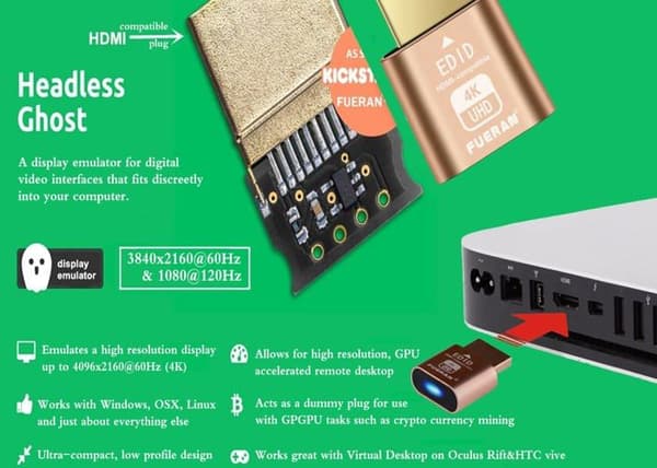 Ljud - videoadapter Fueran HDMI Dummy Plug Headless Ghost Display Emulator DDC EDID Emulator Fake Display 4K60Hz-1Pack