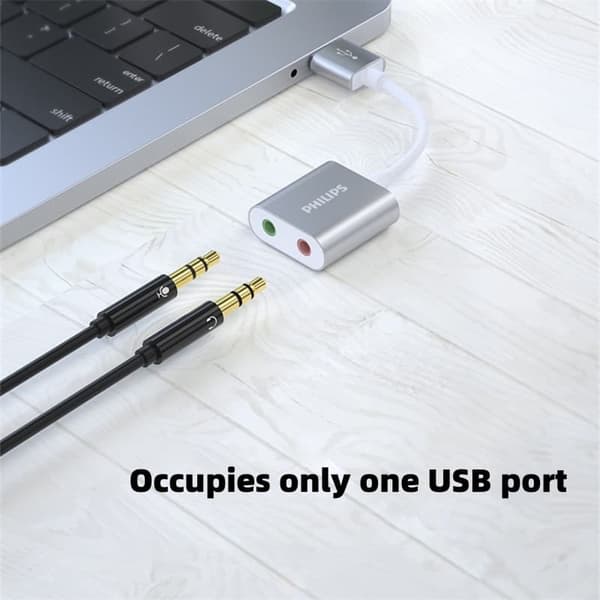 Philips ekstern USB-lydkortadapter - USB til 3,5 mm hovedtelefon- og mikrofonstik, driverløs plug & play til pc/PS4 - SWR1656Y