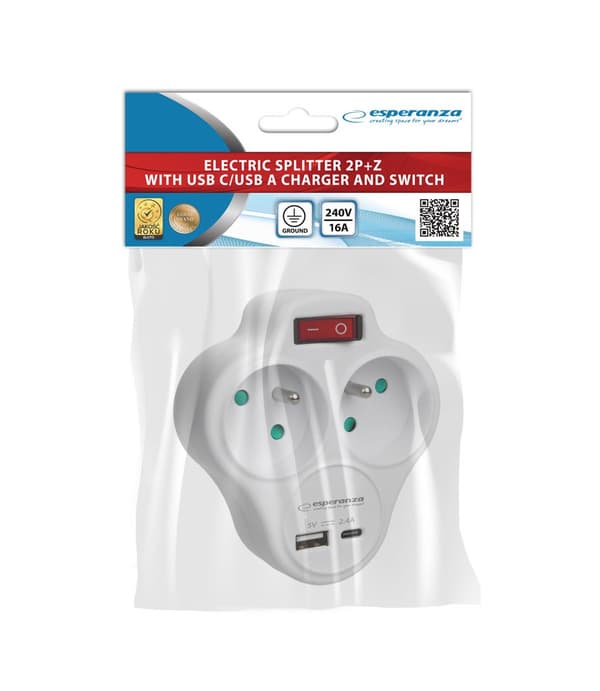 Esperanza ELK311W Elektrisk splitter 2 GN. USB-C USB-A ON. Hvid