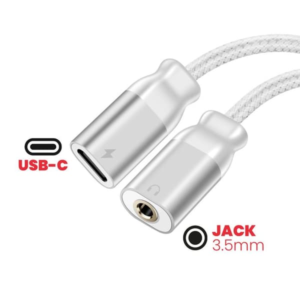 USB-C Laddare Adapter 2-i-1 Ljud 3,5 mm Nylonflätad Anti-knut Swissten Vit