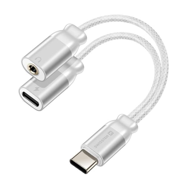 USB-C Laddare Adapter 2-i-1 Ljud 3,5 mm Nylonflätad Anti-knut Swissten Vit
