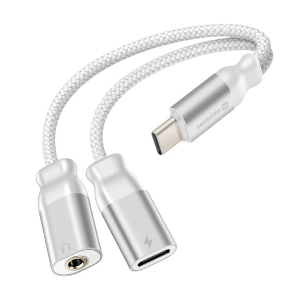 USB-C Laddare Adapter 2-i-1 Ljud 3,5 mm Nylonflätad Anti-knut Swissten Vit