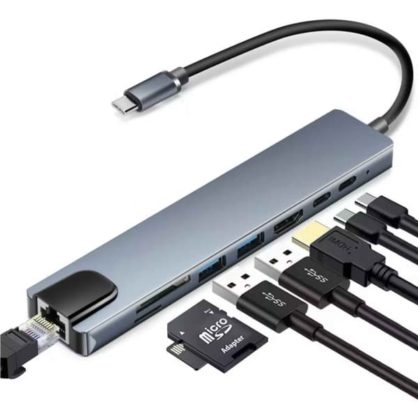 8-porters USB-C-hub med HDMI, PD, minnekortleser