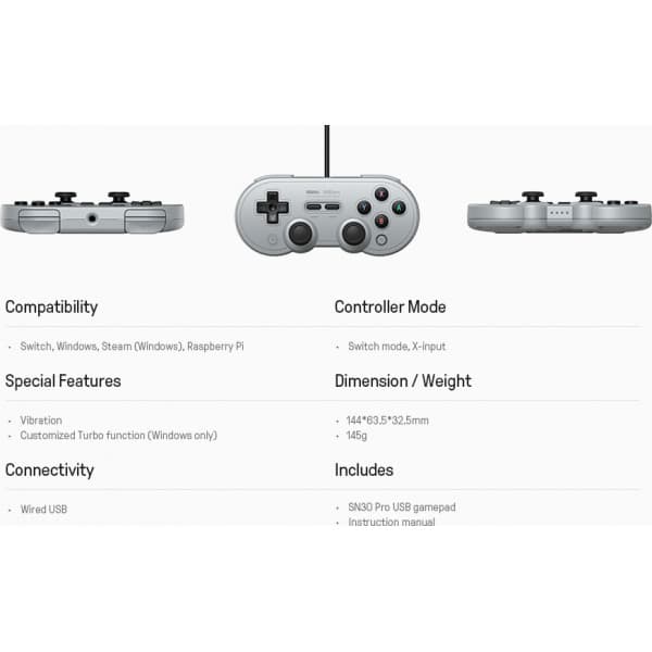 8BitDo SN30 Pro USB spilcontroller, grå, Switch / PC