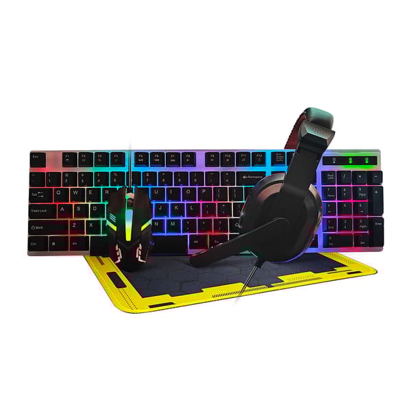 Gaming-sæt med LED-tastatur, headset, mus og musemåtte