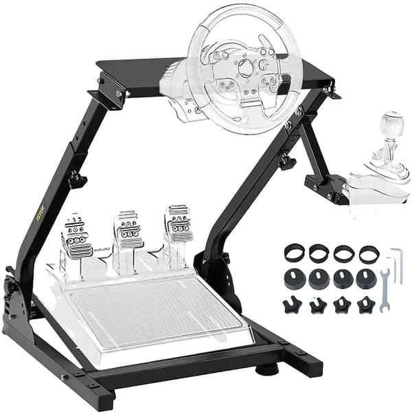 Kilpa-autoilun ohjauspyöräteline, säädettävä korkeus 27"-31.5", kestävä hiiliteräs, yhteensopiva Logitech- ja Thrustmaster-laitteiden kanssa.
