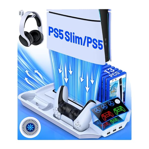PS5 Slim Stativ, Turbo Koldluft, Dobbelt Controller Oplader, 3 USB Porte,S6000-DE