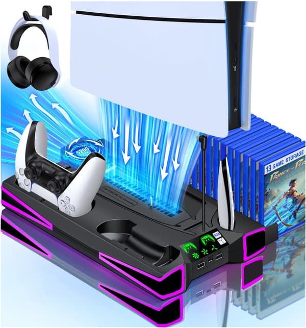Ladeholder, kompatibel med PS5 Slim Disc/Digital, dual controller opladning, kølefunktion,sort