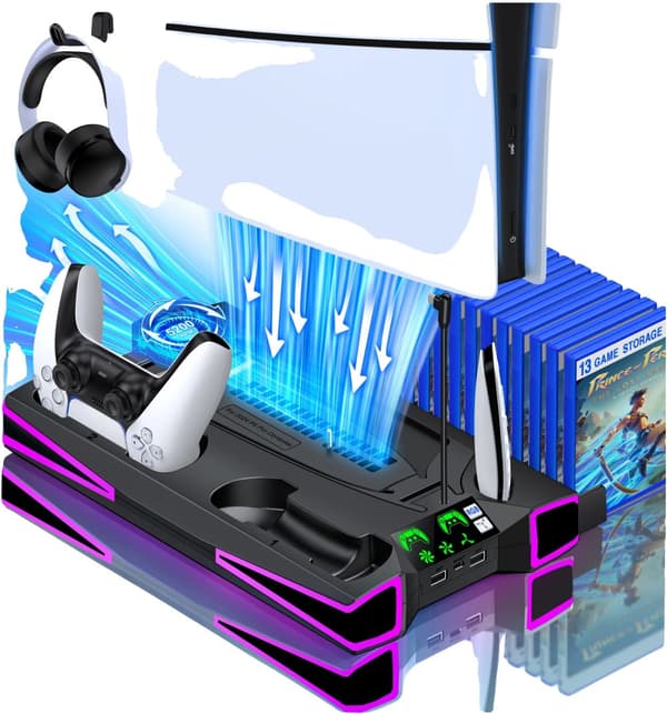 Ladeholder, kompatibel med PS5 Slim Disc/Digital, dual controller opladning, kølefunktion,sort