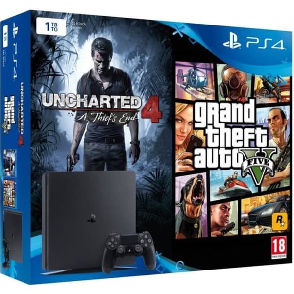 PLAYSTATION 4 SLIM  + UNCHARTED 4 + GTA5 (begagnad, bra skick)